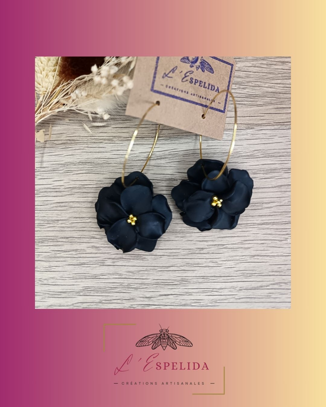 Créoles fleurs noires perles dorées