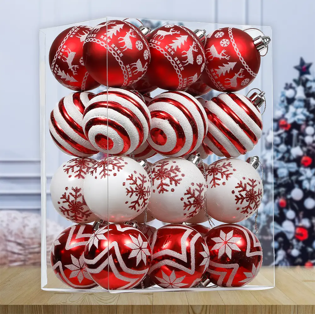 24 Red and White Ornament Balls, Assorted Christmas Glitter