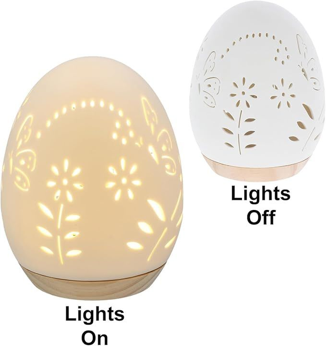  Glow LED Egg Mood Lamp - Dragonfly or Butterfly White Lamp with Neutral Wooden Base (Butterfly, Large)