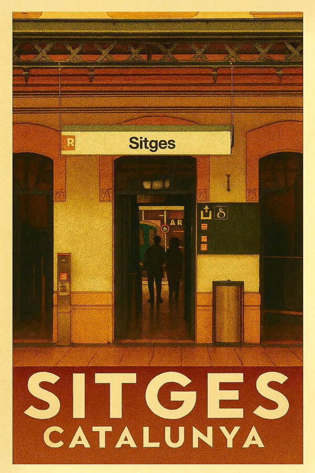 Póster turístico de la estación de tren de Sitges de estilo vintage