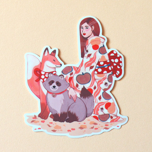 Sticker La fille, le kitsune & le tanuki