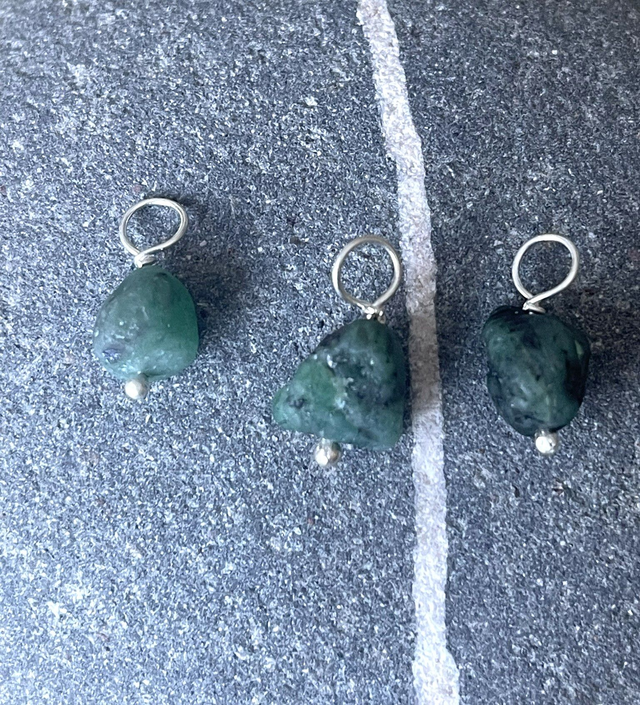 May - Emerald birthstone necklace - raw & threaded with sterling silver