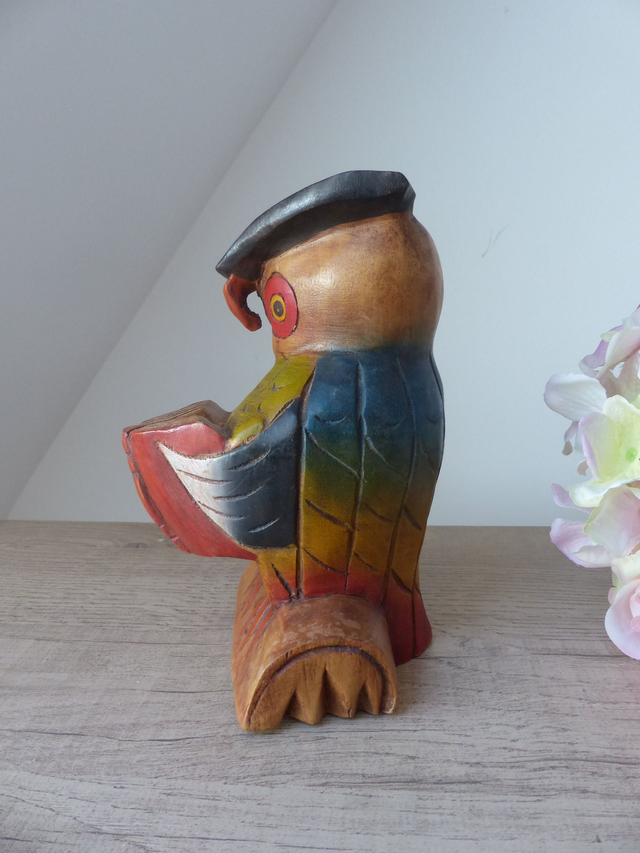 Statue chouette savante en bois plein sculptée et peinte à la main Thaïlande, décoration animalière bois chouette décoration bureau maison