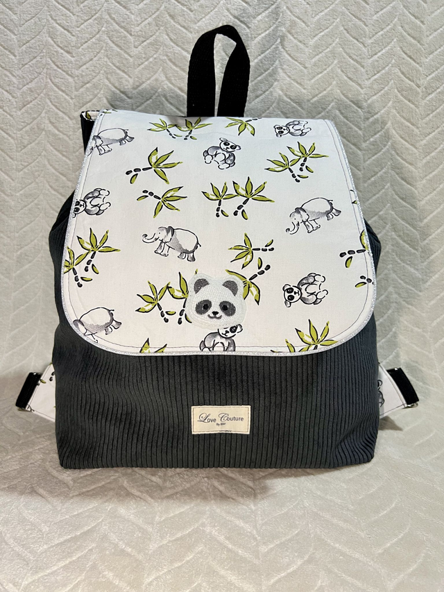 Sac à dos souple maternelle velours gris et panda