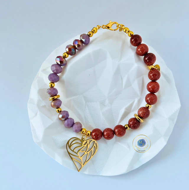 Handgemaakte Armband met Goudzand Natuursteen &amp; Hart Hanger – Goudkleurig | MJ Creations 