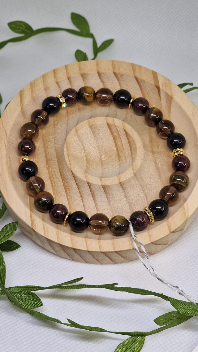 Bracelet Grenat, Quartz fumé, Tourmaline noire, Œil de tigre en 0,8 cm