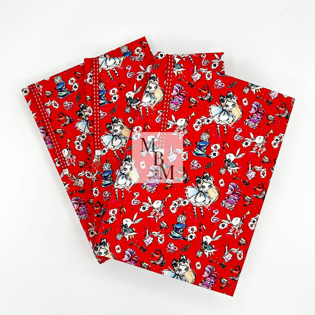 🟥 Red Alice in Wonderland Fabric Notebook - Handmade A5 Journal with Ribbon Bookmark and Charm