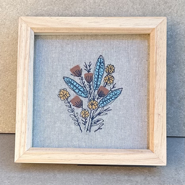 Free motion embroidery wall mounted picture - sage, mustard and rust
