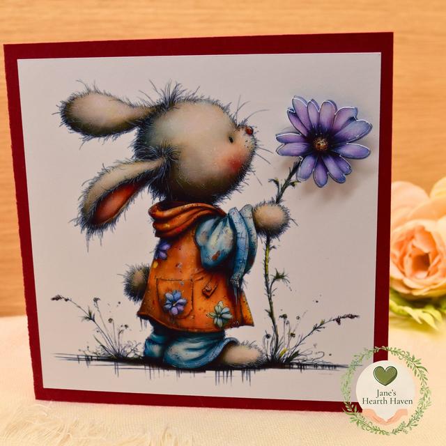 Whimsical Bunny 5 x 5 Card | Purple Flower Illustration on Deep Red Base