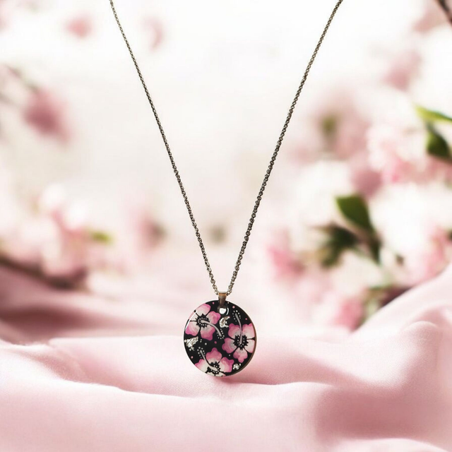 Collier dessiné Flora acier inoxydable rose