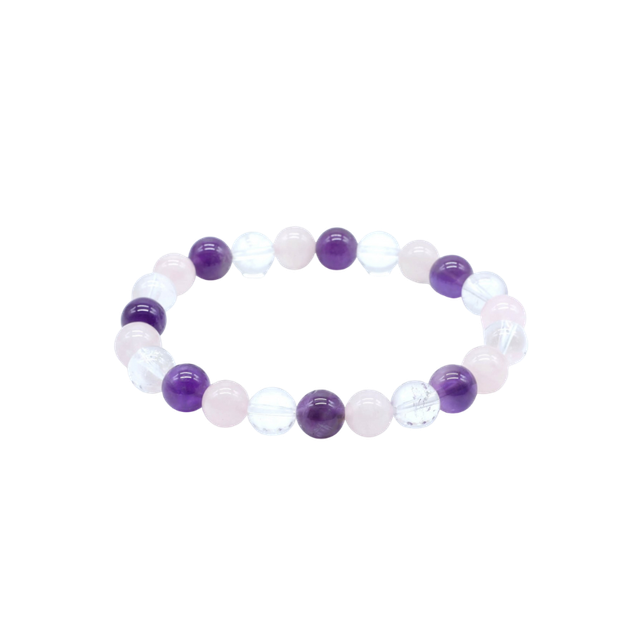 💙 Améthyste, Quartz Rose & Cristal de Roche – Bracelet élastique perles 8 mm – Origine Brésil – Gisement d'Itinga, Minas Gerais – Qualité A