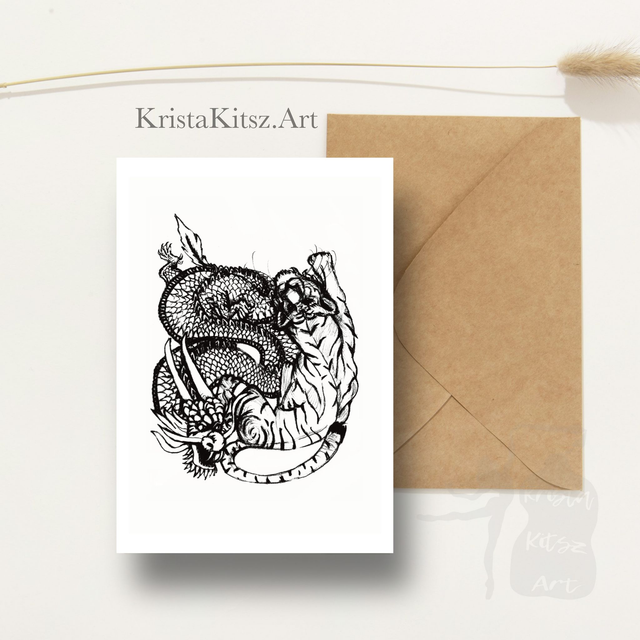 Ansichtkaart Tijger Draak, tekenkunst, inclusief envelop, van originele tekening 