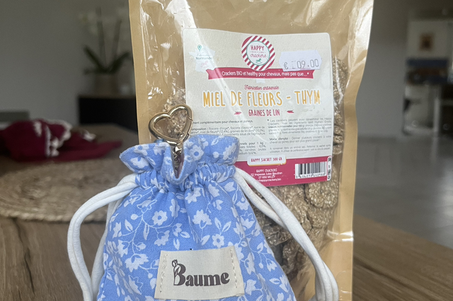 Pochette à friandises Alphée bleu fleuri upcyclée 