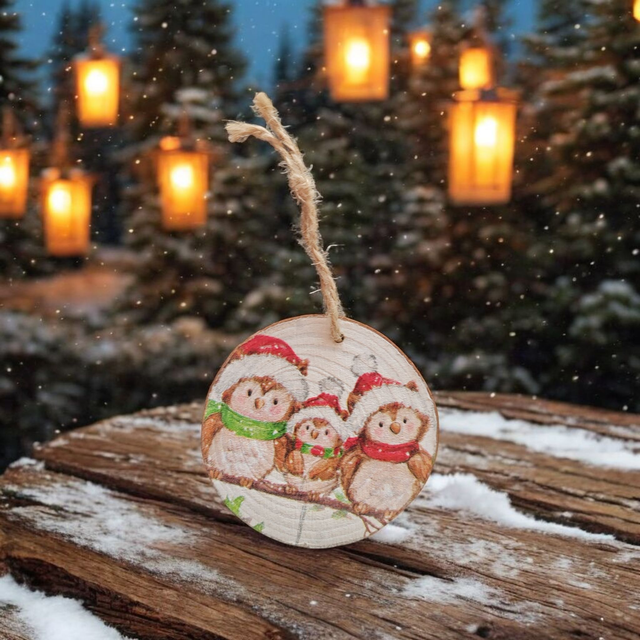 Festive Decoupage Rustic Wood Slice Tree Ornaments