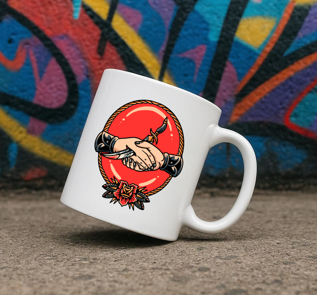 Traditional Tattoo Style Bad Deal Hand Shake 11oz Ceramic Printed Mug Design