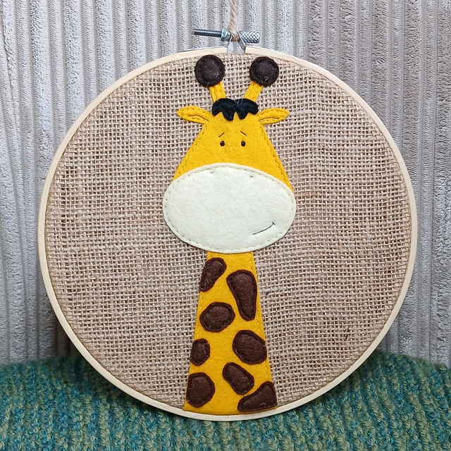 Safari Range, hoop art. Fully hand-sewn wool felt designs on hessian. Giraffe design.