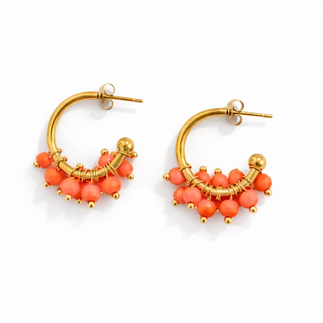 Argollas acero dorado cuentas coral 