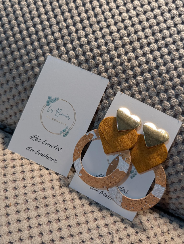 Boucles d&#039;oreilles Coeur ❤️  liège marron ocre c2009