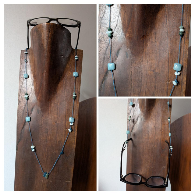 Cordon lunettes en amazonite bleu et agate : pierres naturelles, monté sur fil de jade résistant, pièce unique 