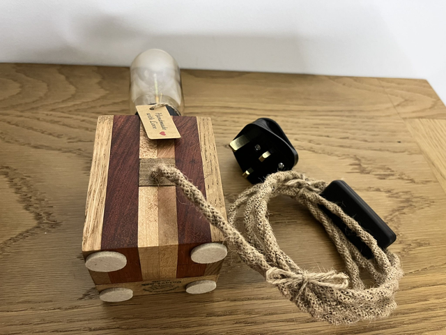 Handcrafted Oak, Padauk & Maple Accent Lamp with Edison Bulb.
