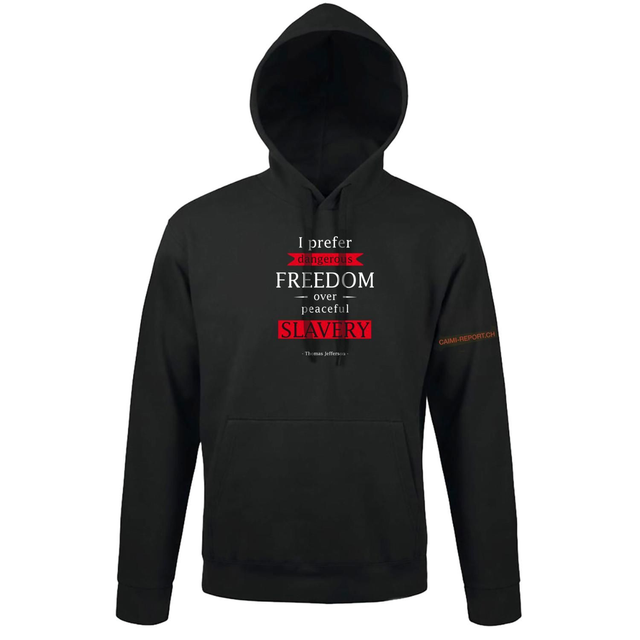 Hoodie, schwarz, Unisex, mit Spruch Jefferson «I prefer dangerous freedom over peaceful slavery.