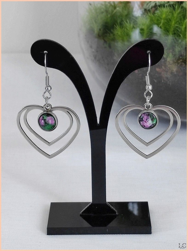 Boucles d&#039;oreilles crochet, pierre naturelle - Rubis zoisite