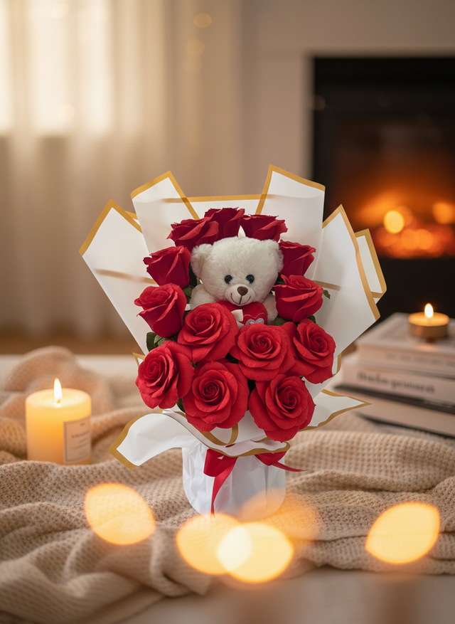 Bouquet Premium – Roses éternelles & Ourson