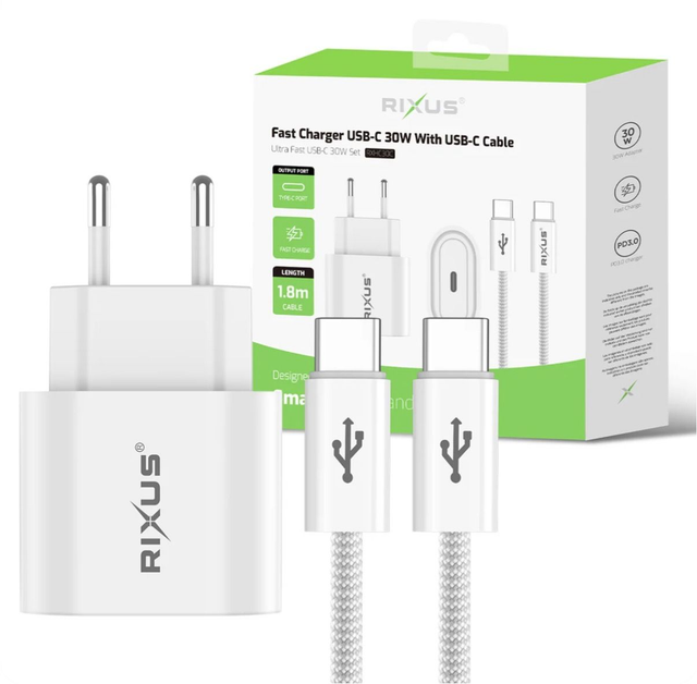 Chargeur Original Rixus RXHC30C 30W GaN + Câble USB-C vers USB-C 1,8 m