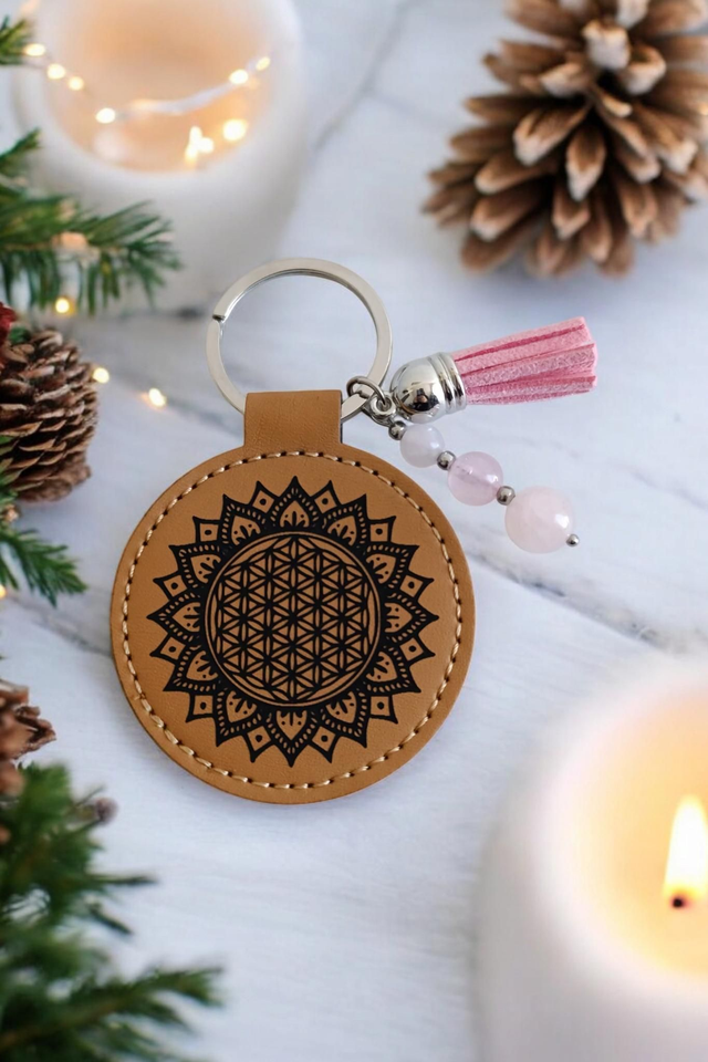 Porte-clé simili cuir Quartz rose fleur de vie 