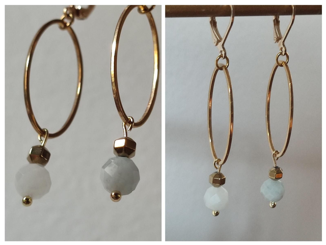 Boucles d&#039;oreilles en pierres de lune, ovales et fermoirs en acier inoxydable doré -sans nickel, pièce unique 