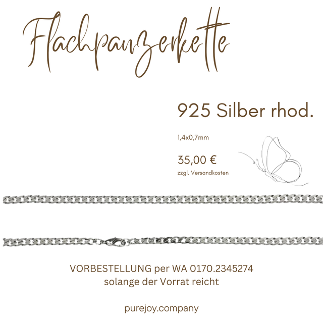 Flachpanzerkette 1,4x0,7mm Silber 925/- rhod. 45cm lang