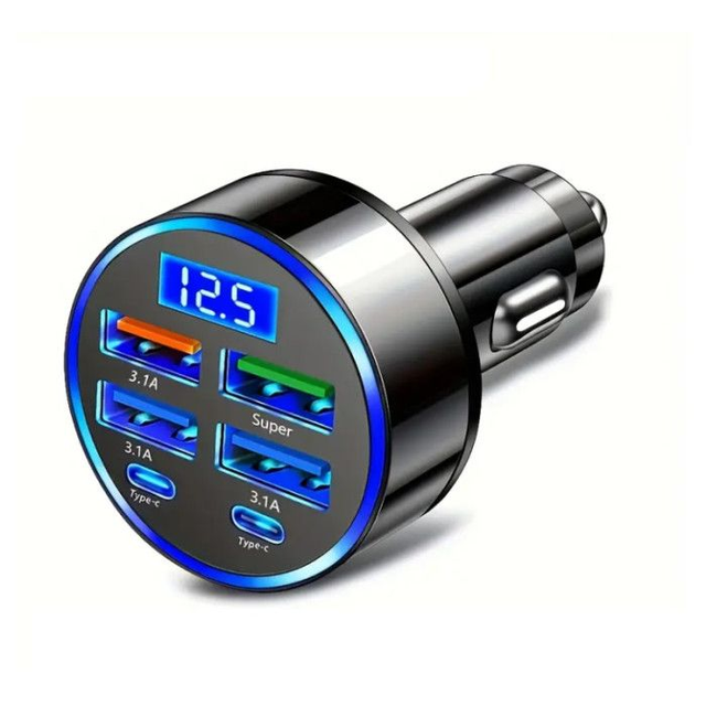 Chargeur de voiture multiport 6 en 1 avec détection de tension, 2PD + 3 USB + QC3.0