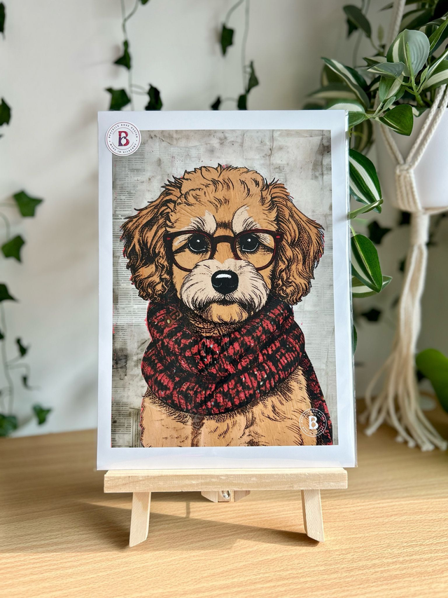 Cavalier Cross Dog In Glasses Mixed Media Art Print A4