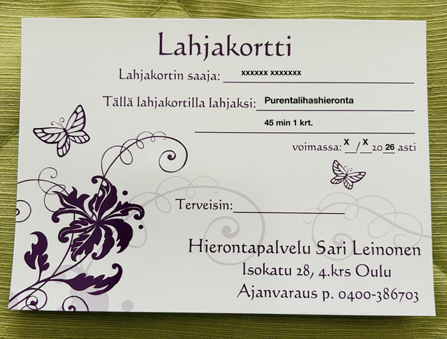 Lahjakortti purentalihashieronta 