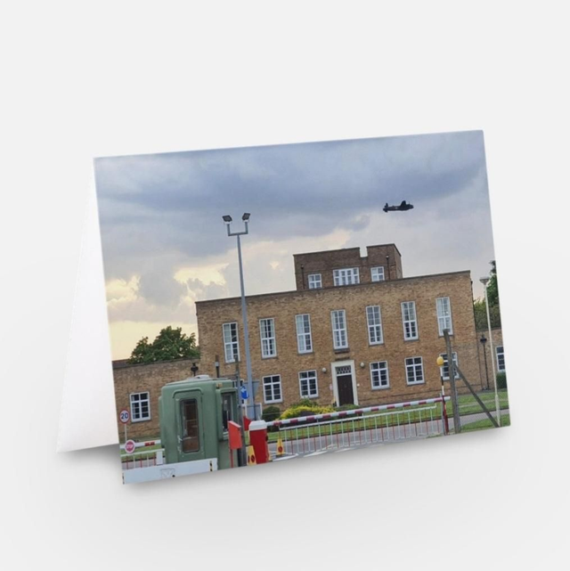 Lancaster bomber plane flying over RAF Scampton greeting card 