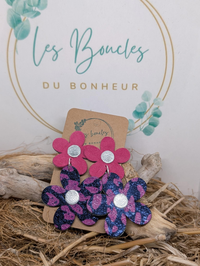 Boucles d&#039;oreilles Marguerite léopard violet fushia m1034