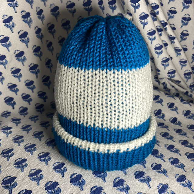 Blue-white stripe reversible beanie