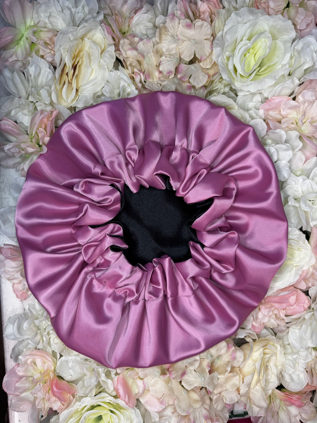 Bonnet en satin soie réversible rose &amp; noir | Protection cheveux nuit | Anti-frisottis | Tailles S, M, L | Double face fait main 