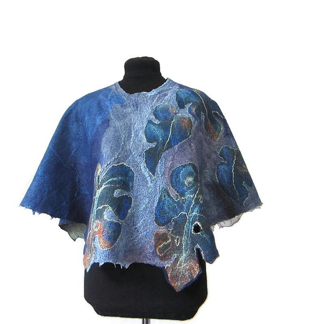 Art Poncho donna lana seta blu verde foglie dorate feltro fatto a mano regali unici per le donne
