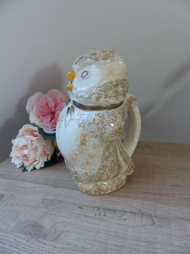 Pichet Chouette en Céramique – Faïencerie Longchamp Vintage | Pot à Eau Peint à la Main – Décoration Cuisine Maison de Campagne
