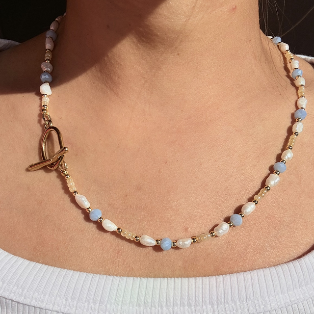 ARABELLA - Powder Blue, Butter Yellow & Pearl Beaded Toggle Necklace