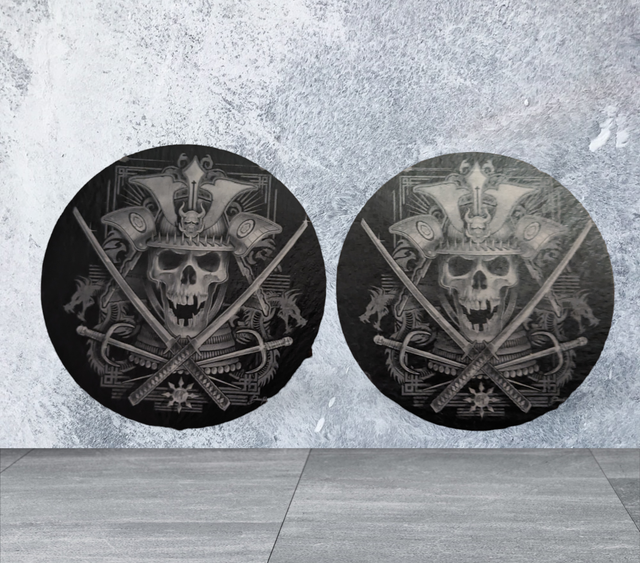 Slate Coaster Set of 2 - Round - Samurai Skulls