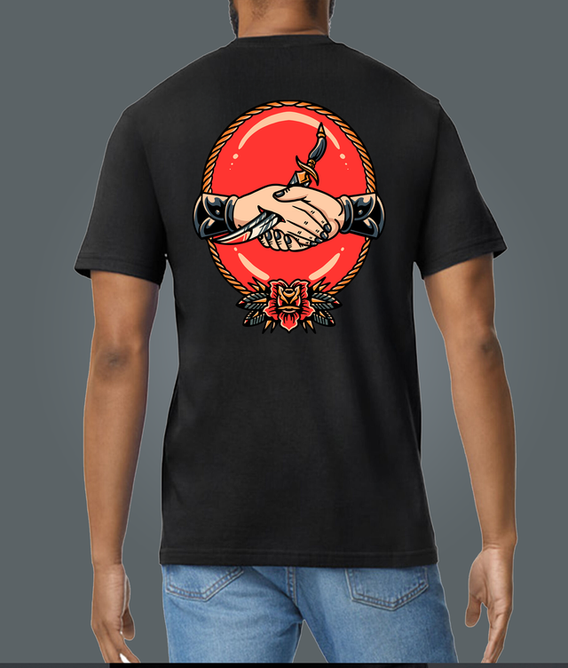 Traditional Tattoo Style Bad Deal Hand Shake Black Soft Spun Patterned T-Shirt