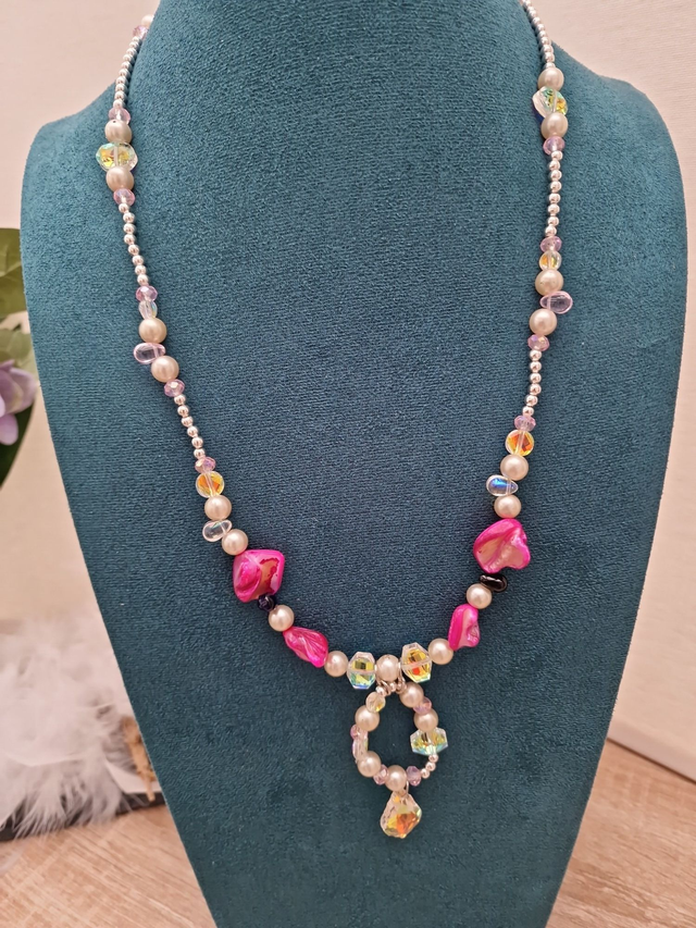 Collier Sautoir Perles Nacrées Perles Cristal Perles Coquillage Fuchsia