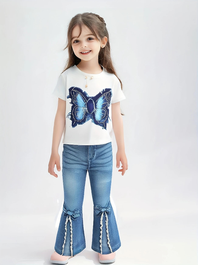Girls 2pcs Pantsuit, Casual Polyester Short Sleeve Top with Butterfly Print and Imitation Denim Pants