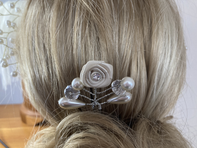 Hand-Wired Beaded Crystal, Pearl and Cream Rose Sprig Hairpin for Weddings, Proms