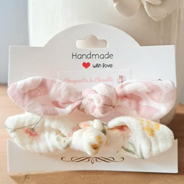 Élastiques à cheveux avec noeud - lot léopard et fleurs roses