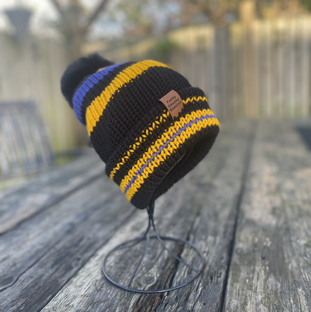 Funky Chunky Bobble Hat - Black, yellow &amp; blue with detachable faux fur Pom - Handmade in Scotland