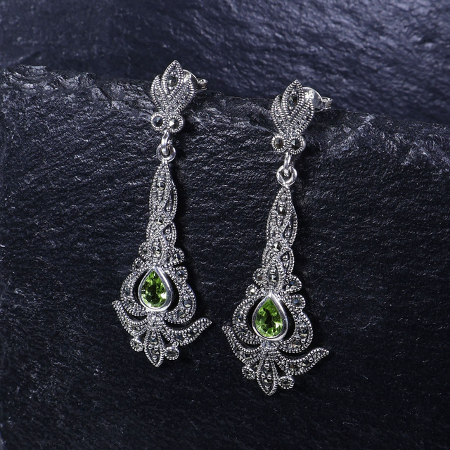 Art Nouveau Style Sterling Silver 925 Pear Cut Green Peridot Marcasite Gemstone August Birthstone Ornate Arrow Design Drop Earrings