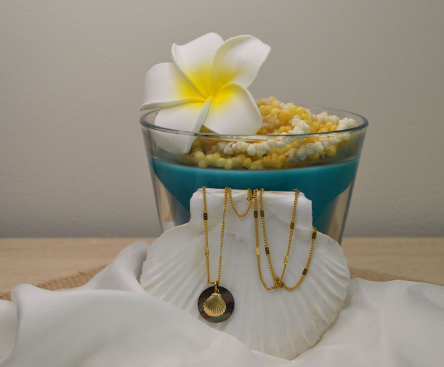 Collier acier inoxydable 25 cm - petit pendentif nacre ronde orné d'un pendentif coquillage doré